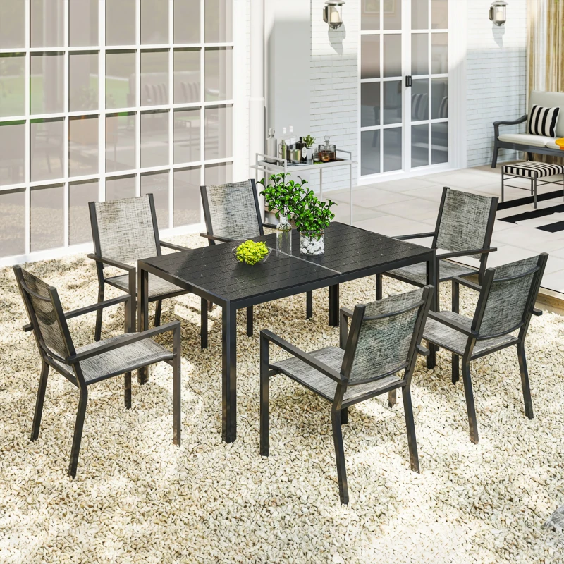 Outsunny Table de jardin extérieure avec 6 chaises empilables, plateau à lattes 150 cm, structure en acier anti-rouille, noir
