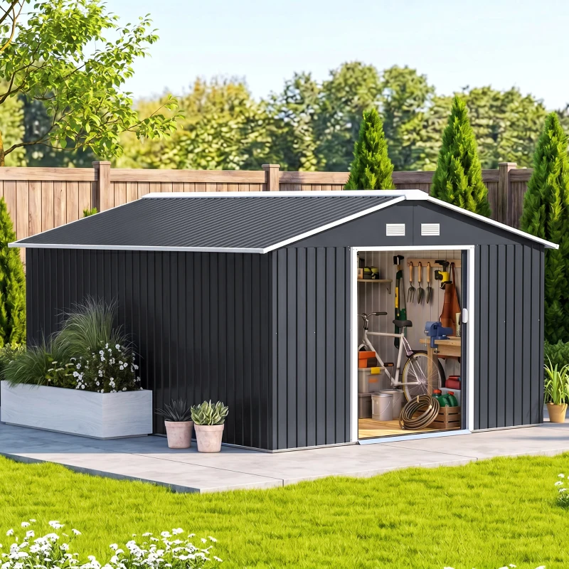 Outsunny Abri de Jardin 12,4 m², Kit de Fondation, Portes Coulissantes, Ventilations, Acier Galvanisé, 386x340x200cm, Gris Foncé