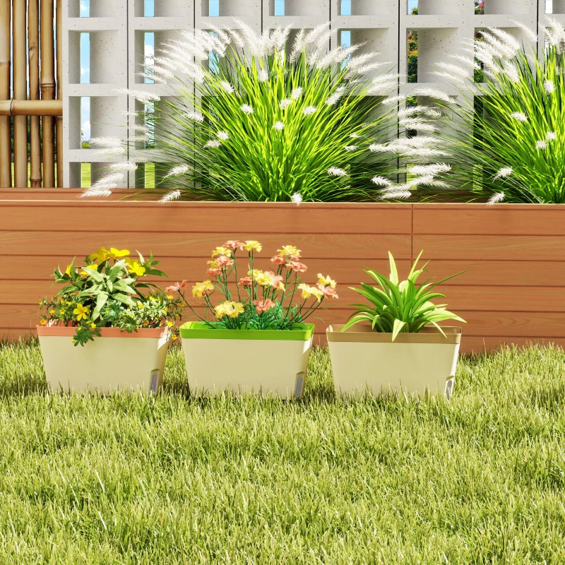 Outsunny Set of 3 Self Watering Plant Pots Outdoor, 27cm Rectangular Garden Planters with Visual Water Level Window, Plastic Flower Pots for Indoor Outdoor Garden Balcony
