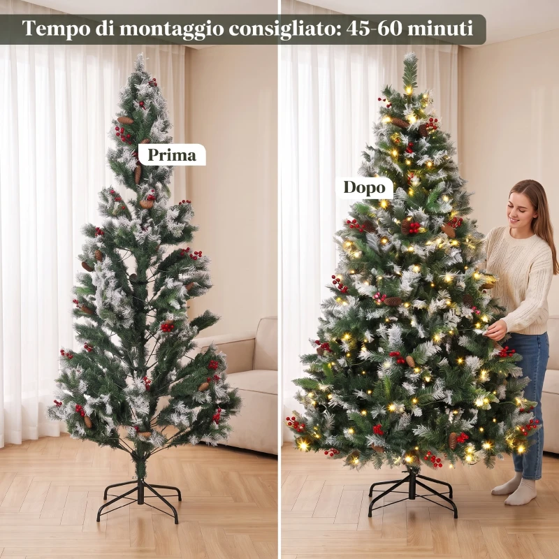 HOMCOM Albero Natale Innevato 210cm, 400 Luci LED a 2 Colori, Telecomando, 11 Modalità, 1253 Rami, Pigne, Bacche Rosse