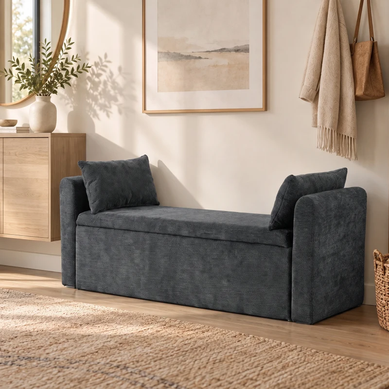 HOMCOM Banco de Almacenaje de Chenilla con Reposabrazos y Cojines Tapa Hidráulica Carga 220 kg 137x45x51 cm, Gris Oscuro