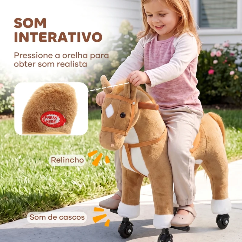 AIYAPLAY Cavalo de Brincar para Montar com Rodas, Sons de Cascos, Música e Pedais, Asas, Estrutura Metálica, +3 Anos, 50 kg, Castanho