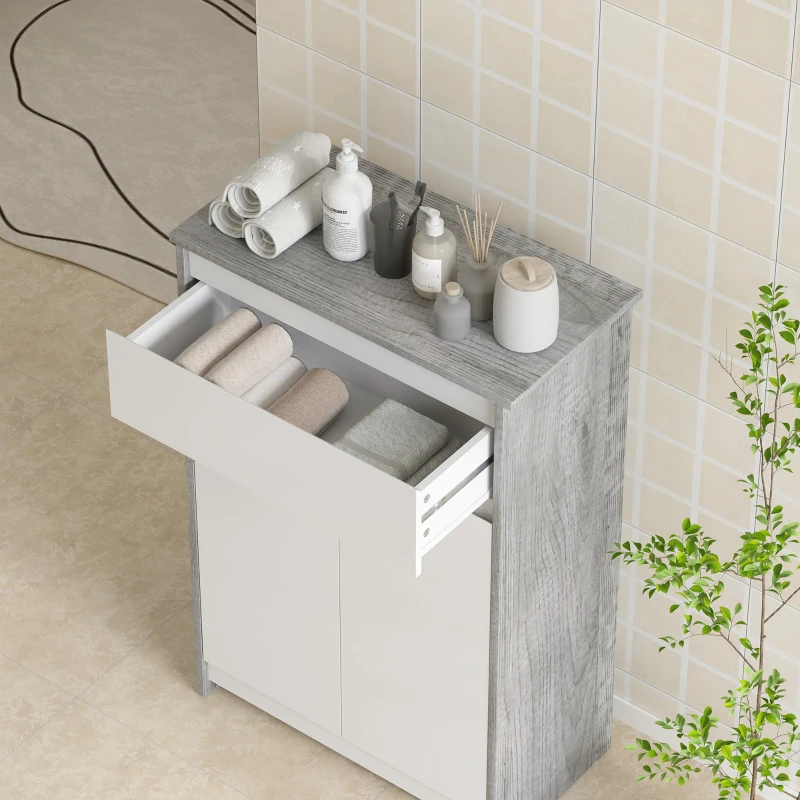 kleankin Mobile da Bagno Autoportante con Cassetto e Ante Doppie, Salvaspazio, Effetto Legno Grigio e Bianco