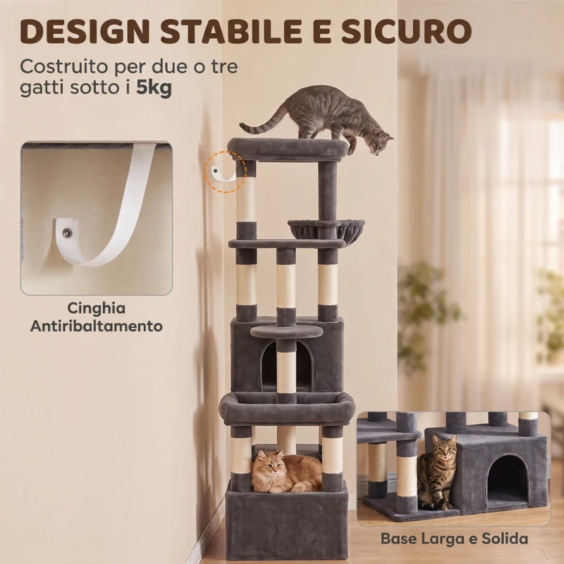 PawHut Tiragraffi per Gatti Grande Alto 180 cm Multilivello, 13 Pali Graffiatoi, 2 Grotte, Amaca, 2 Cucce, Grigio Scuro