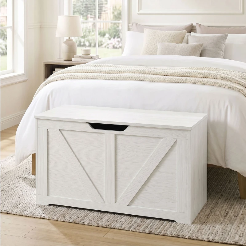 HOMCOM Cassapanca Contenitore da Interno 100L, Baule Contenitore per Soggiorno e Ingresso, Bianco Effetto Legno