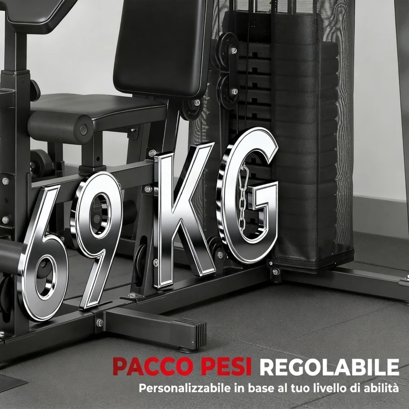 SPORTNOW Palestra Multifunzione, Stazione Fitness Multifunzione con Sistema a Pulegge, Pacco Pesi da 69 kg, Nero