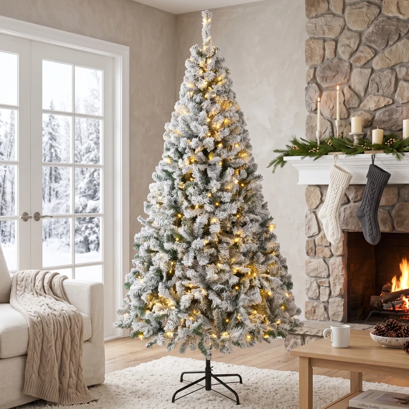 HOMCOM Albero di Natale Innevato 200cm con Luci LED 240 Bianco Caldo, 850 Rami, Base Pieghevole, Bianco e Verde