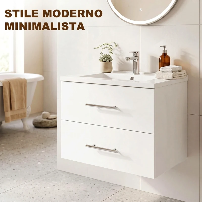 HOMCOM Mobile Bagno Sospeso con Lavabo e 2 Cassetti, Mobiletto Bagno con Lavabo, 61x40x48 cm, Bianco