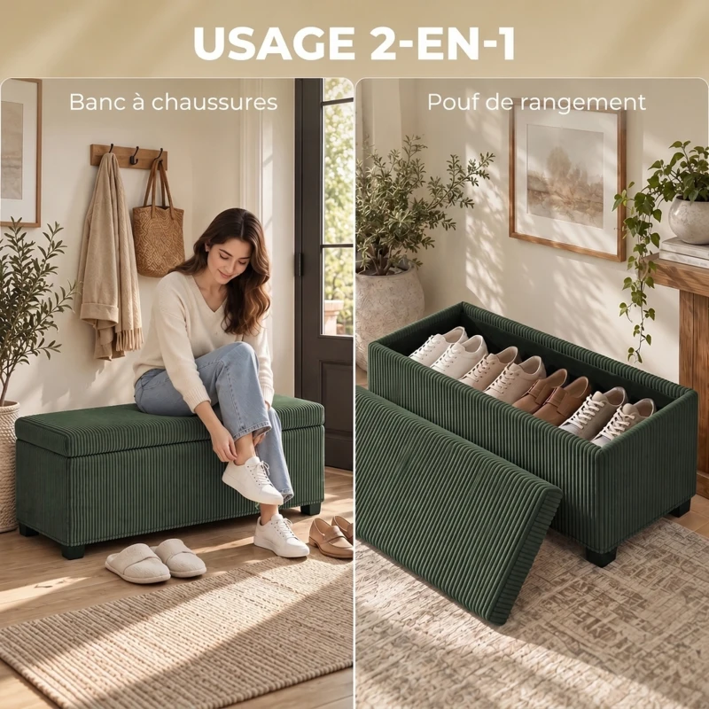 HOMCOM Banc de Rangement, Bout de Lit en Velours Côtelé avec Couvercle, pour Salon, Chambre, Entrée, 112x42x40 cm, Vert Clair