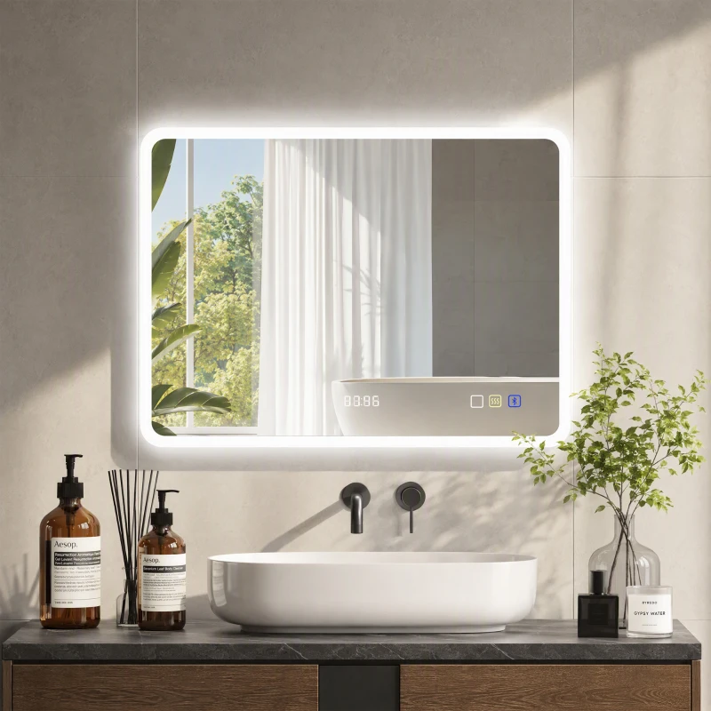 HOMCOM Specchio Bagno LED con Bluetooth, Illuminazione Regolabile e Funzione Memory, in Vetro Temperato, 80x60x3.5 cm