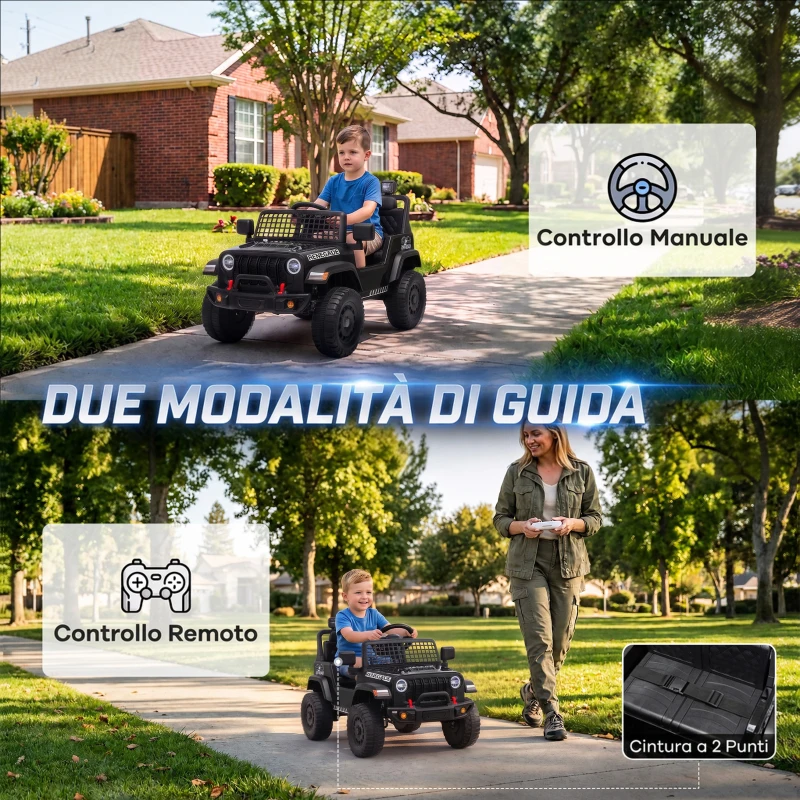 AIYAPLAY Fuoristrada Elettrica per Bambini 12V, Batteria al Litio, 2 Motori, Sospensioni, Telecomando, 2-4 Anni, Nero