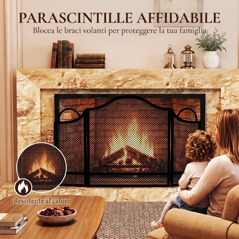 HOMCOM Parascintille Camino Pieghevole a 3 Pannelli, in Metallo Verniciato, Pronto all'Uso, 122x1x74 cm, Nero