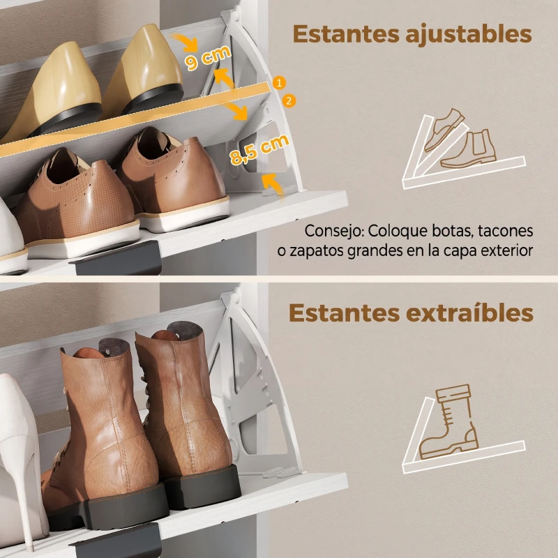 HOMCOM Zapatero Estrecho con 4 Cajones Abatibles y Divisores Ajustables para 8-16 Pares Blanco
