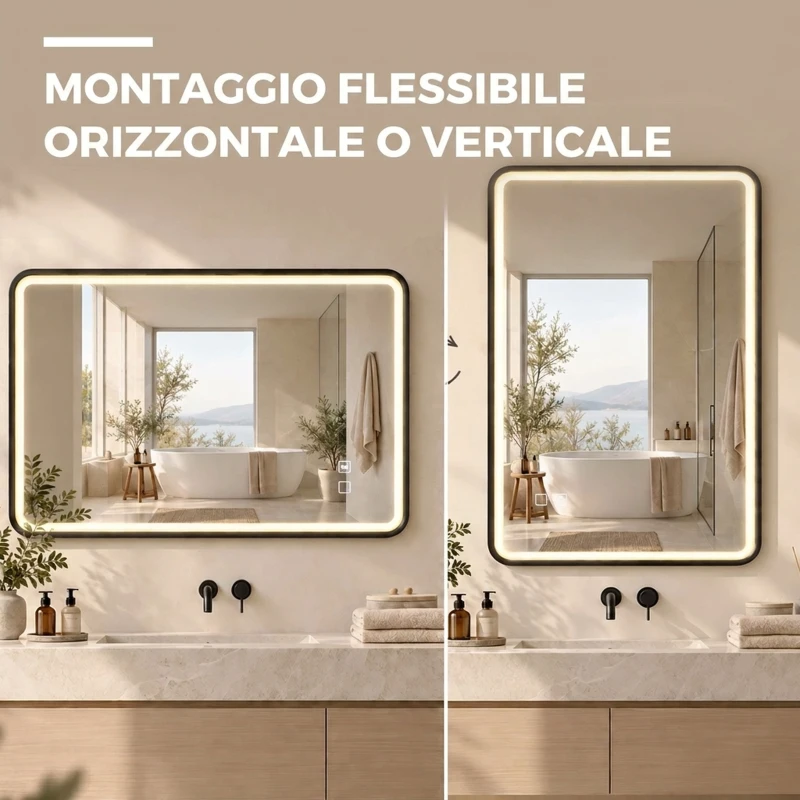 HOMCOM Specchio Bagno con Luce LED 100x70cm, 3 Colori Dimmerabili, Bluetooth, Specchio da Parete Rettangolare, Nero