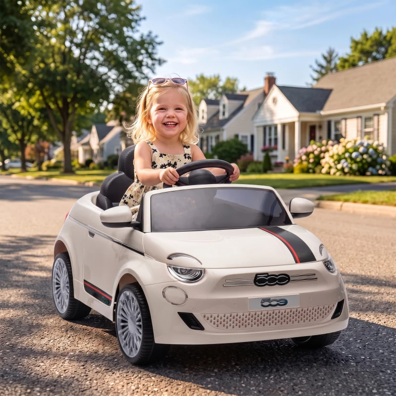 AIYAPLAY Macchina Elettrica per Bambini 12V Fiat 500, Batteria al Litio, 2 Motori, Telecomando, 3-6 Anni, Crema
