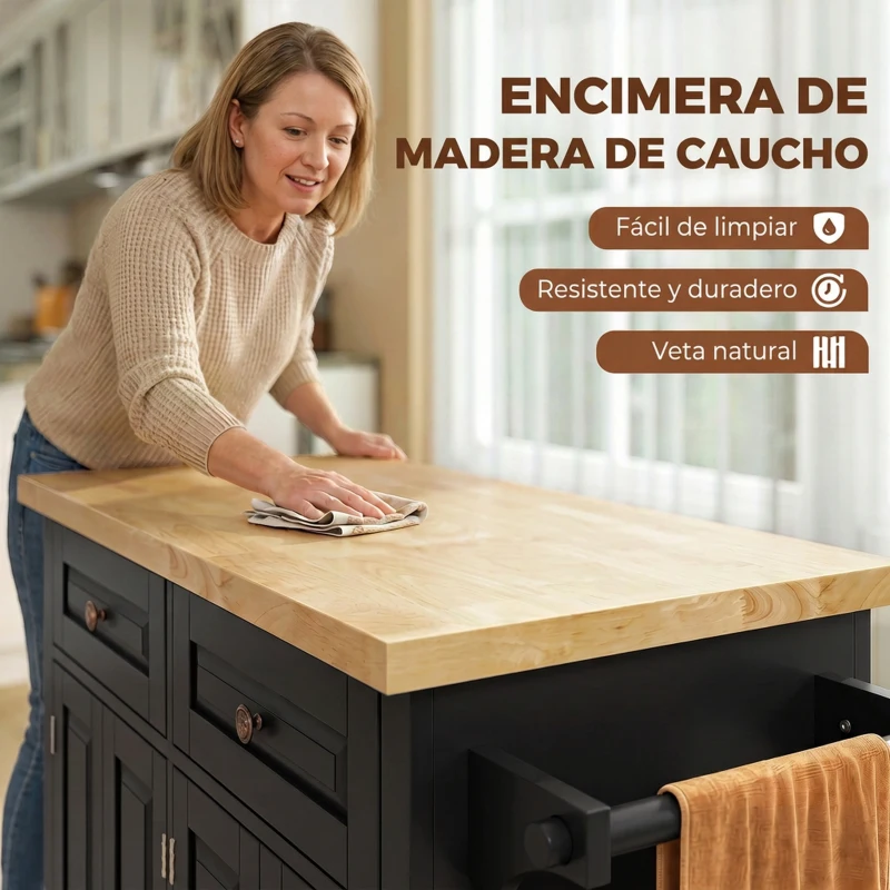 HOMCOM Isla de Cocina con Ruedas Mueble Auxiliar de Cocina con Especiero y Barra Lateral 111x44,5x82,5 cm Negro