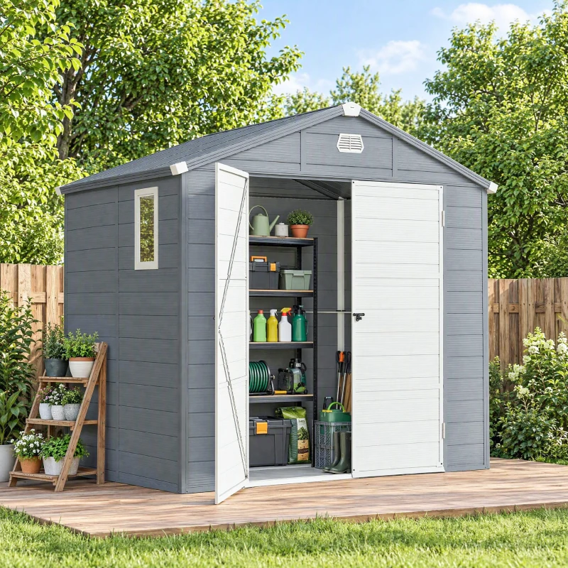 Outsunny 7.9ft x 6.2ft Aluminium Frame and Plastic Wall Shed, with Foundation - Grey