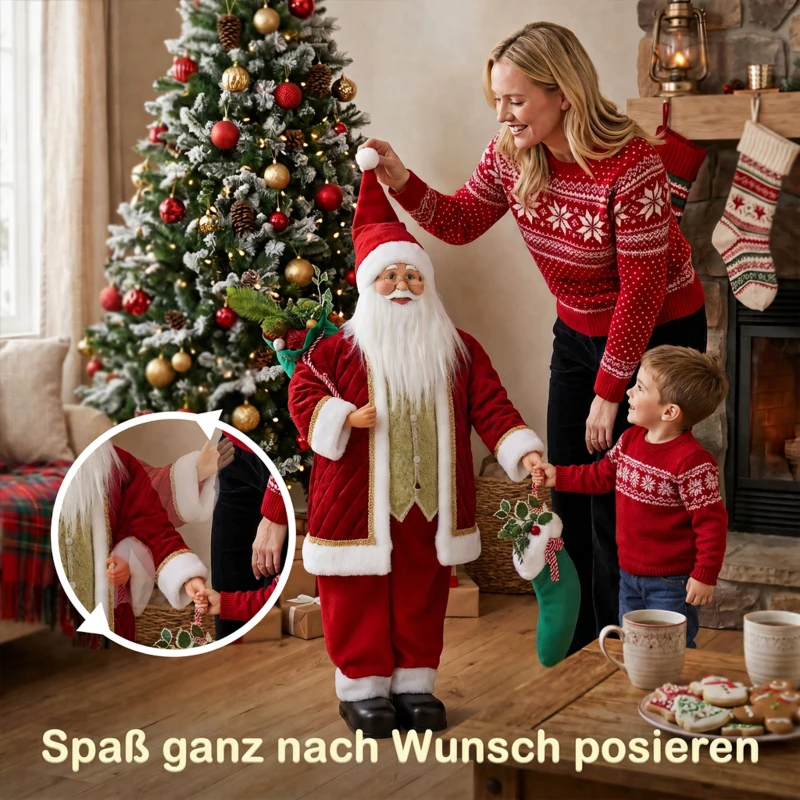 HOMCOM 120 cm singender Weihnachtsmann, stehende animierte Weihnachtsfigur mit Strumpf, Sack, per Sound/Berührung aktiviert