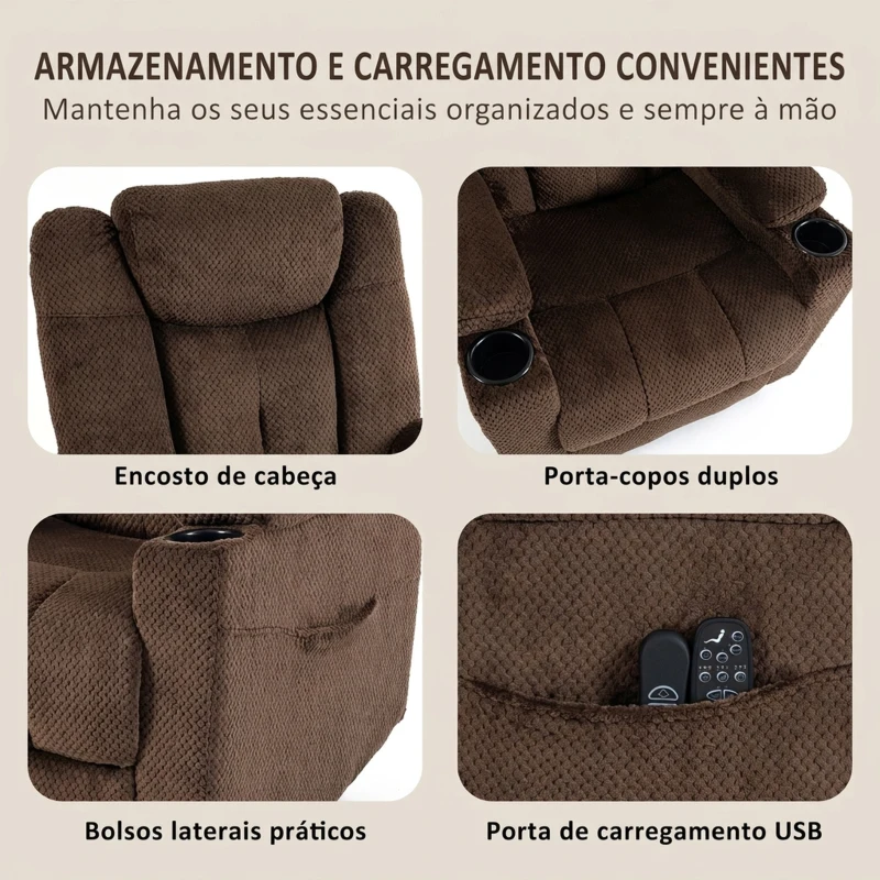 HOMCOM Cadeirão Relax Reclinável Elétrico Elevatório para Idosos com Massagem, Calor e Porta-copos Castanho Escuro
