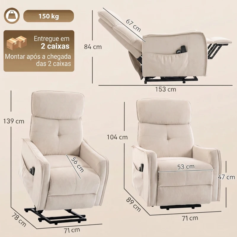 HOMCOM Poltrona Relax Reclinável Elétrica Elevatória com 2 Pontos de Massagem, Assento com Molas e Apoio para os Pés, Chenille Creme