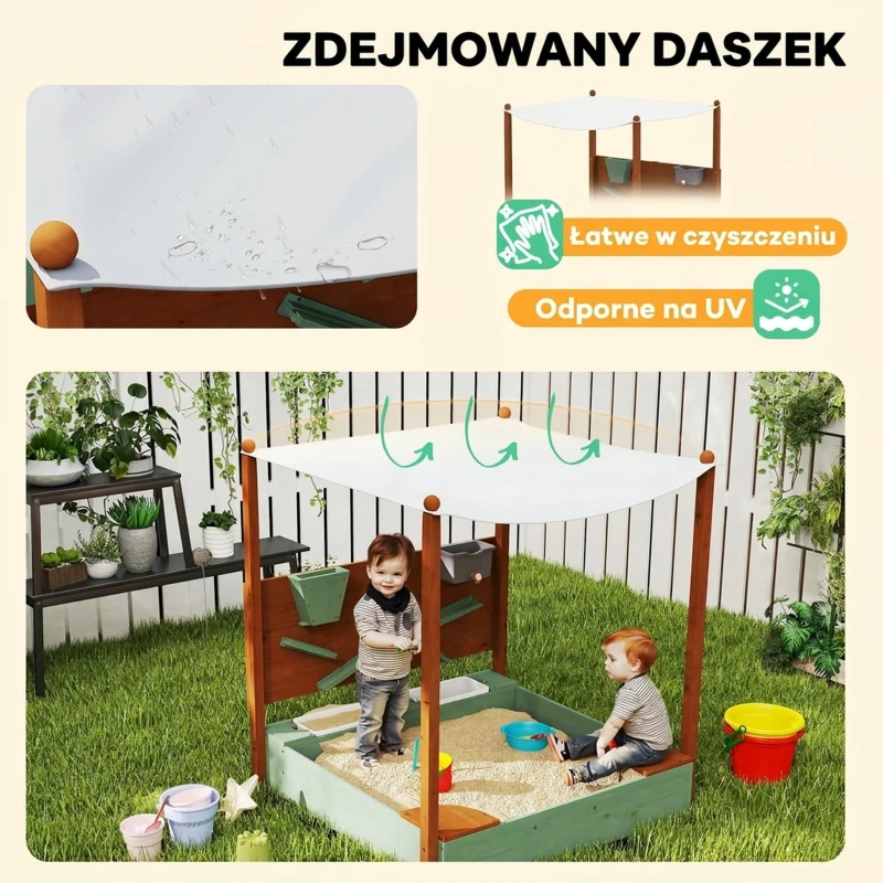 AIYAPLAY Wood Sandpit with Canopy, Storage Bins, Funnel, Liner, Chutes, Bucket with Tap, 116 x 112.5 x 128 cm, Green