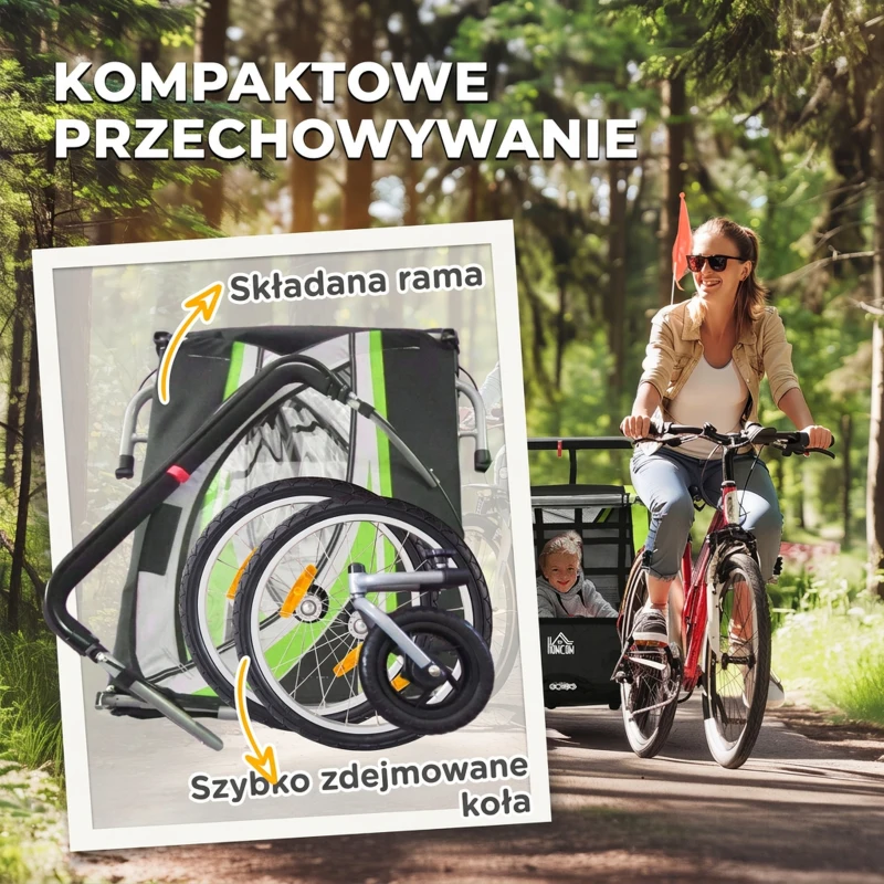 HOMCOM Przyczepa rowerowa 2w1 dla 2 dzieci, funkcja pchania, osłona przeciwdeszczowa, hamulec, Zielony