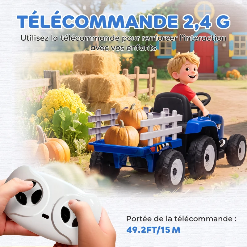 HOMCOM Tracteur électrique avec remorque amovible, pour enfants de 3 à 6 ans avec télécommande MP3 musique affichage lumières(m-5)