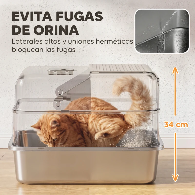 PawHut Arenero para Gatos de Acero Inoxidable M Cerrada 2 en 1 Tapa Extraíble Borde Alto Pala Fácil de Limpiar Gris