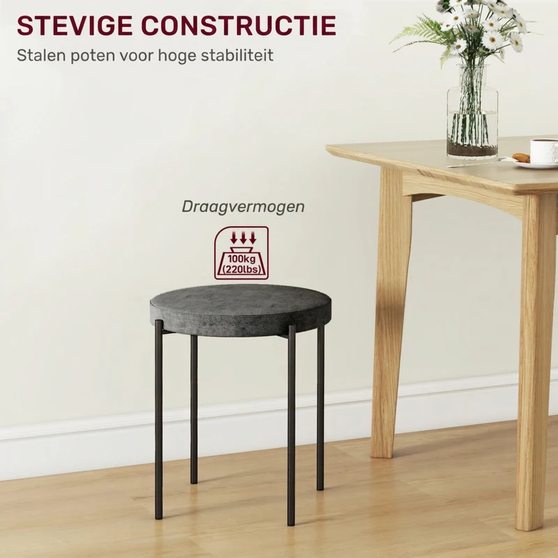 HOMCOM Keukenkrukken 4-stuks Set, Stapelbaar, Fluweeloptiek, tot 100kg, Metalen Frame, 41,5 x 41,5 x 46 cm, Donkergrijs(m-4)