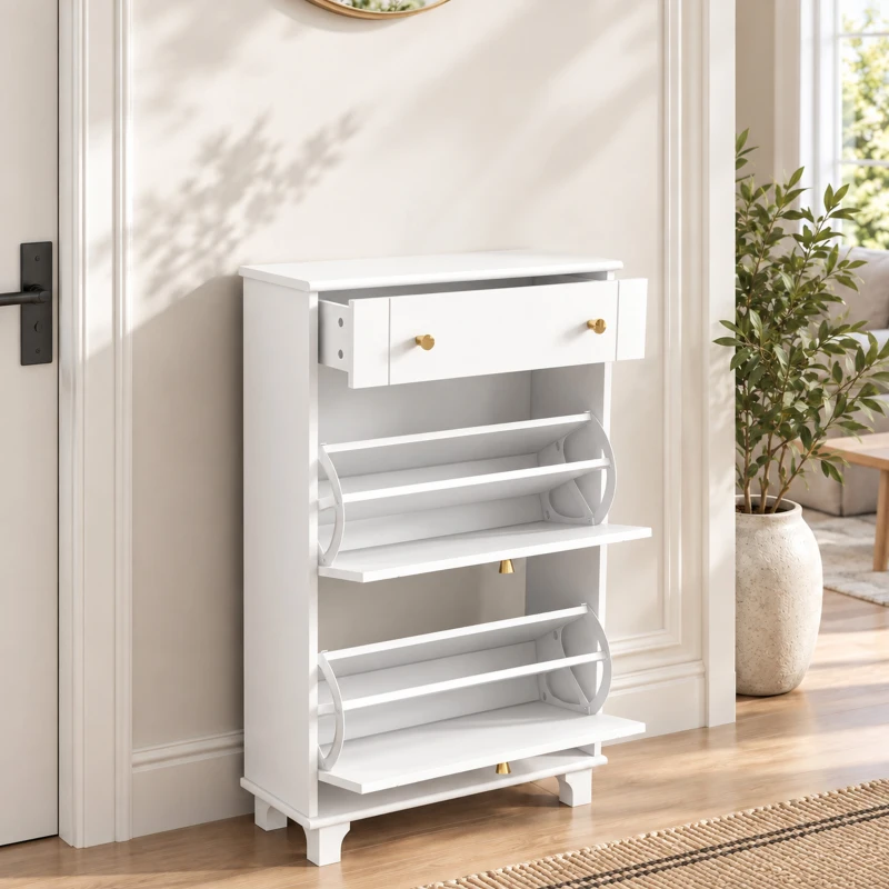 HOMCOM Scarpiera Salvaspazio Slim con 2 Ante a Ribalta Scarpiera Ingresso con Ripiani Regolabili, Cassetto Base Rialzata
