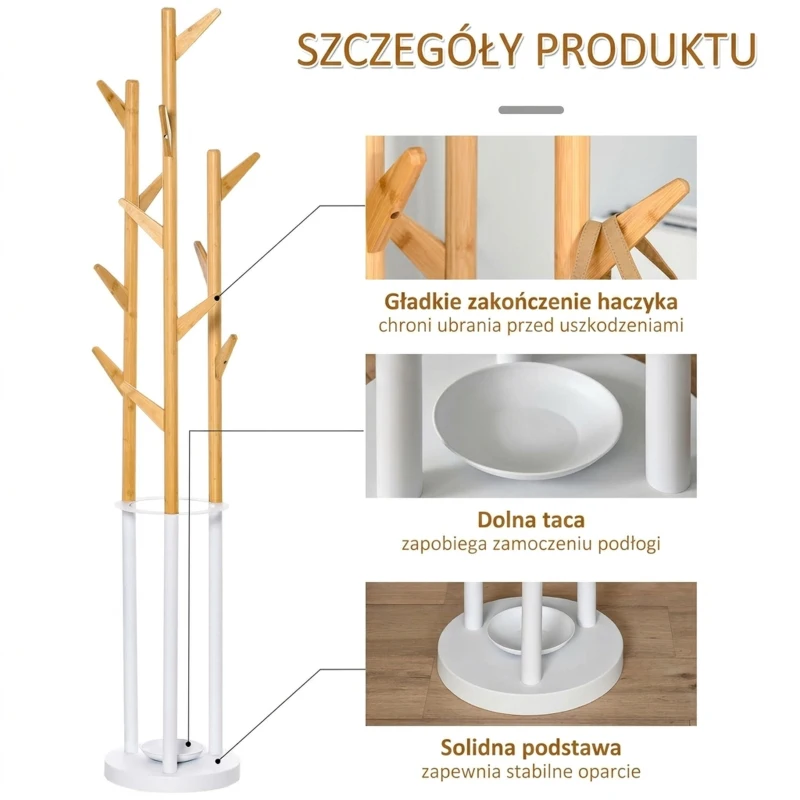 HOMCOM wieszak wolnostojący wieszak na ubrania z 13 haczykami nowoczesny stojak na parasole do przedpokoju salonu metal bambus kolor naturalny + biały 30,5 x 30,5 x 174,5 cm