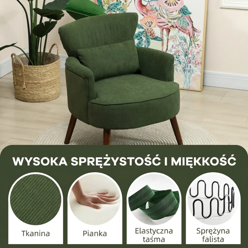 HOMCOM Modern Armchair, Upholstered Accent Chair with Thick Padded Seat, Lumbar Pillow, Rubber Wood Legs, Cuddle Chair for Living Room Bedroom Office, Green