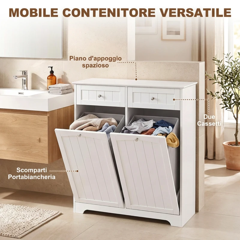 HOMCOM Mobile Bagno Basso, Mobiletto Bagno Salvaspazio con 2 Cassetti e 2 Cesti Portabiancheria, 78x38x90 cm, Bianco