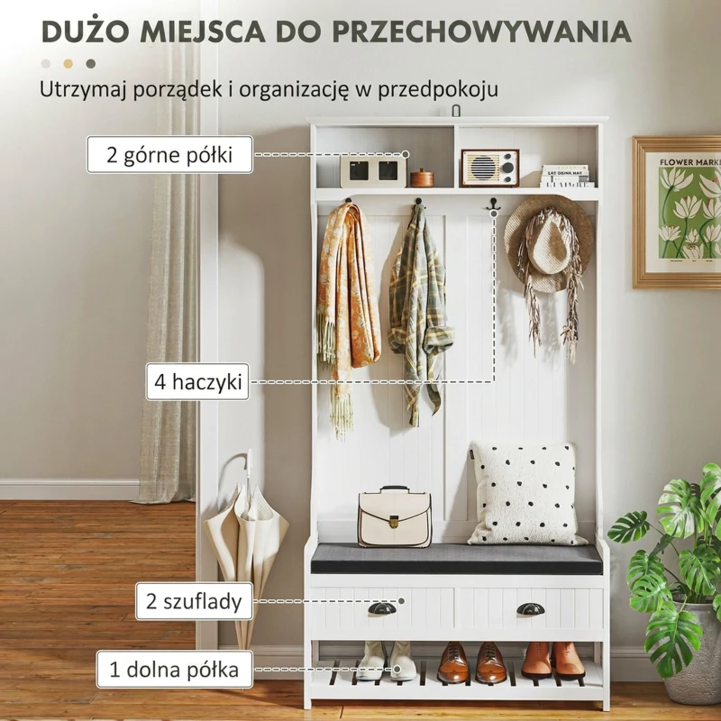 HOMCOM 2 w 1 wieszak na ubrania, wieszak na ubrania z 4 wieszakami, garderoba z ławką na buty i półkami, wieszak na ubrania z zabezpieczeniem antyprzechyleniowym, do przedpokoju, korytarza, sypialni, biały + szary