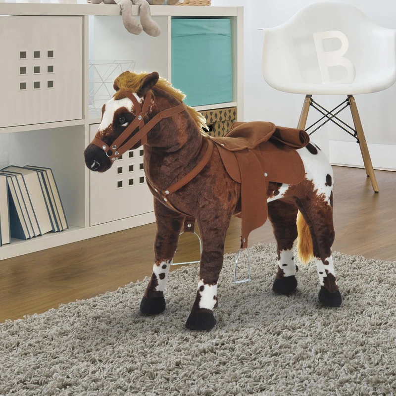 HOMCOM Reitpferd Spielpferd zum Reiten Stehpferd mit Sattel, Sound, Steigbügel Plüschpferd für Kinder ab 2 Jahren Braun