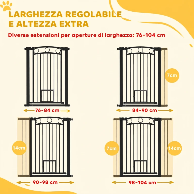 PawHut Cancelletto per Cani da Interno, Cancelletto di Sicurezza con 2 Estensioni 76-104 cm e Porta per Gatti