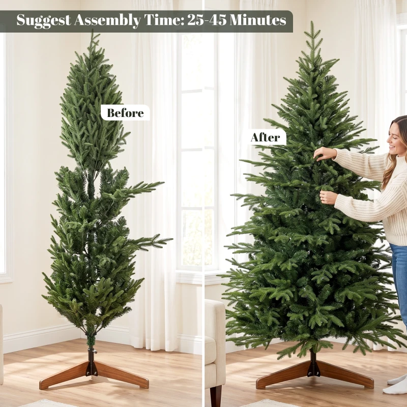 HOMCOM 180 cm Artificial Christmas Tree Full Hinged Xmas Tree Solid Pine Wood Stand, Green
