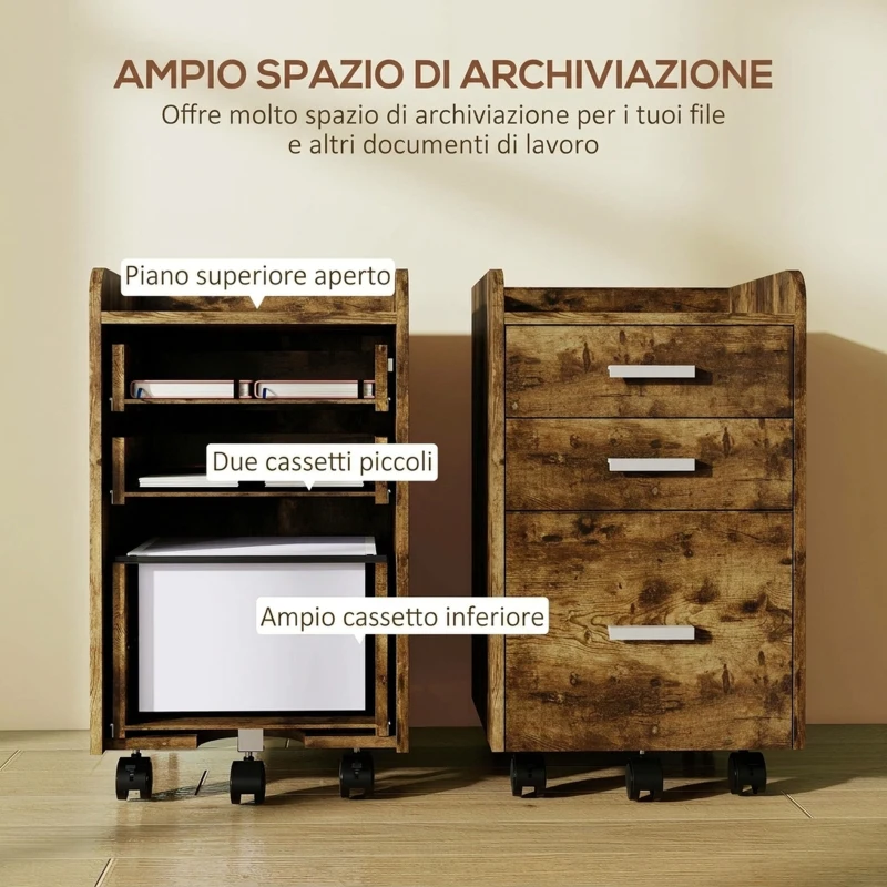 HOMCOM Schedario da Ufficio con 3 Cassetti, 5 Ruote, Cassettiera Ufficio per Lettera/Formato A4, 39.2x40x65.4 cm
