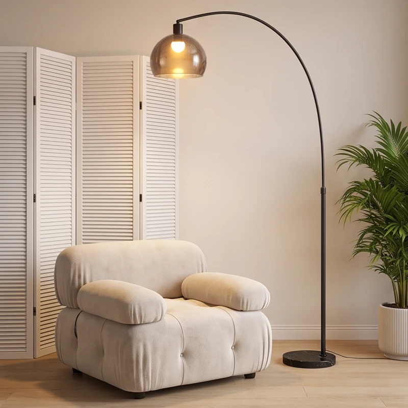 HOMCOM Lampada da Terra ad Arco con Interruttore a Pedale, in Marmo, Ferro e Plastica, 90x26x180 cm, Nero e Grigio Fumo