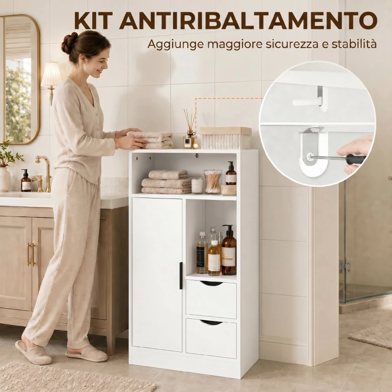 HOMCOM Mobile Bagno Slim, Mobiletto Bagno Salvaspazio con 2 Cassetti, Scomparti Aperti, 50x25x100 cm, Bianco