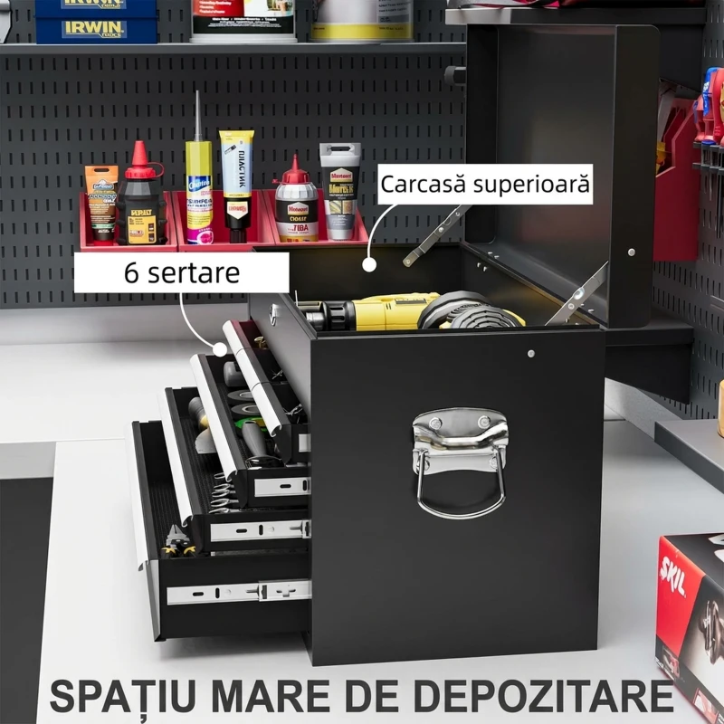 HOMCOM Cutie pentru Scule cu 6 Sertare din Oțel cu Încuietoare, 60x26x34cm, Negru