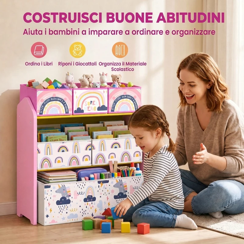 AIYAPLAY Scaffale Portagiochi Bambini a 3 Livelli con 6 Contenitori, Tema Ragazza Rosa, per Cameretta e Sala Giochi