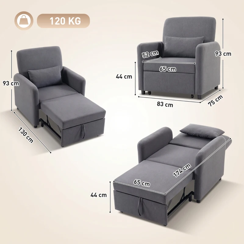 HOMCOM Poltrona Letto 3 in 1 Estraibile, Reclinabile in Tessuto Effetto Lino con Schienale Regolabile e Cuscino