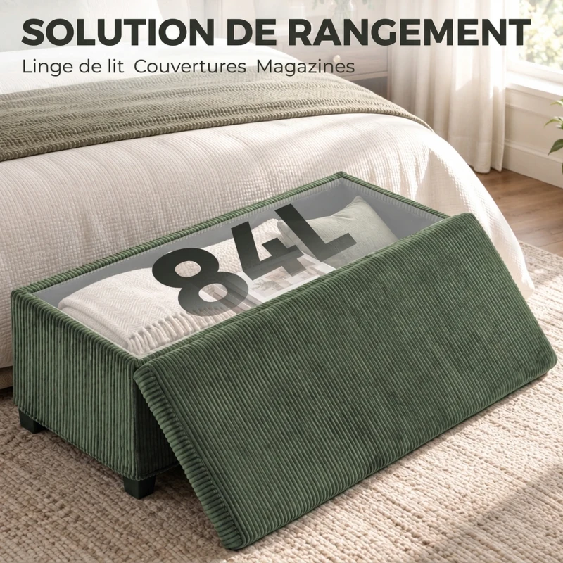 HOMCOM Banc de Rangement, Bout de Lit en Velours Côtelé avec Couvercle, pour Salon, Chambre, Entrée, 112x42x40 cm, Vert Clair