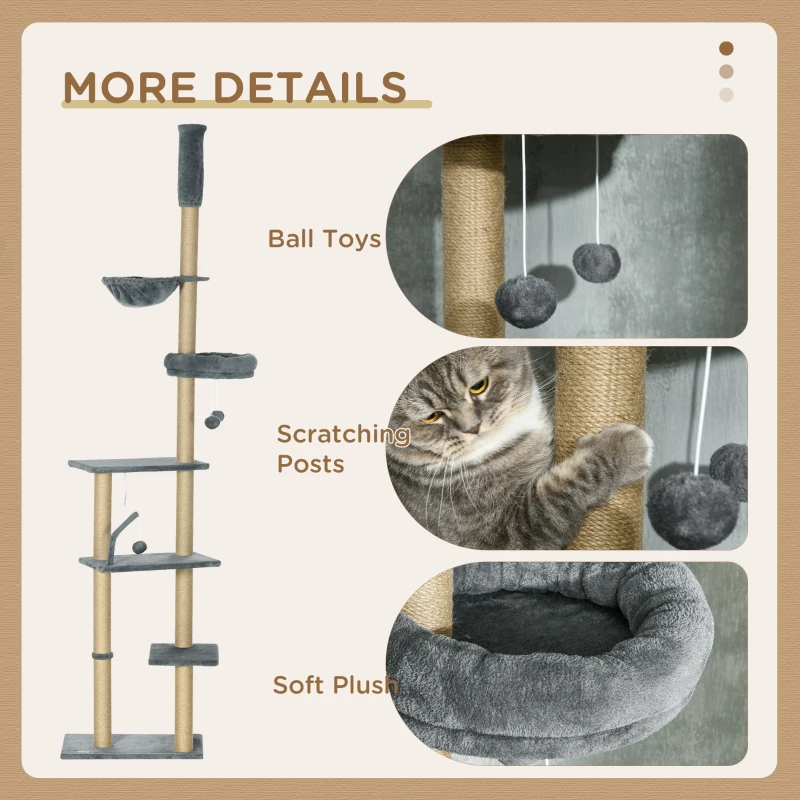 PawHut 230-250cm Floor-to-Ceiling Climbing Cat Tree Tower - Grey