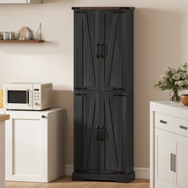 HOMCOM Credenza Cucina Alta Rustica, Mobile Dispensa con 4 Ante, Ripiani Regolabili, 60.2x30.3x182 cm, Nero
