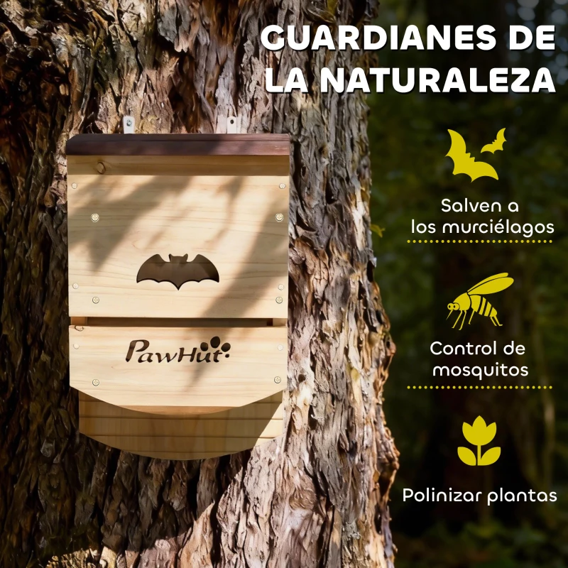 PawHut Pack de 3 Casas para Murciélagos de Madera con 2 Cámaras Plataforma de Aterrizaje Resistente a la Intemperie Natural