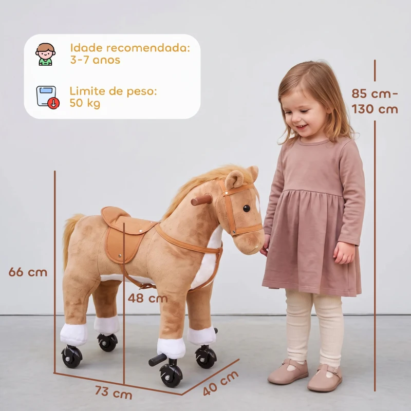 AIYAPLAY Cavalo de Brincar para Montar com Rodas, Sons de Cascos, Música e Pedais, Asas, Estrutura Metálica, +3 Anos, 50 kg, Castanho