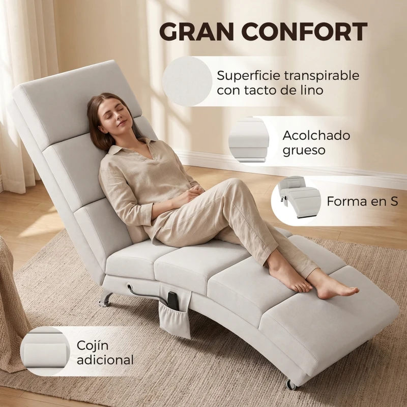HOMCOM Sillón Relax Reclinable con 8 Puntos de Masaje y Calor Lumbar 5 Modos Mando y Bolsillo Lateral Blanco Crema