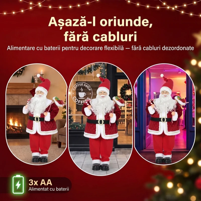 HOMCOM Moș Crăciun Muzical Animat, 120 cm, de Podea, cu Cap Rotativ, Roșu